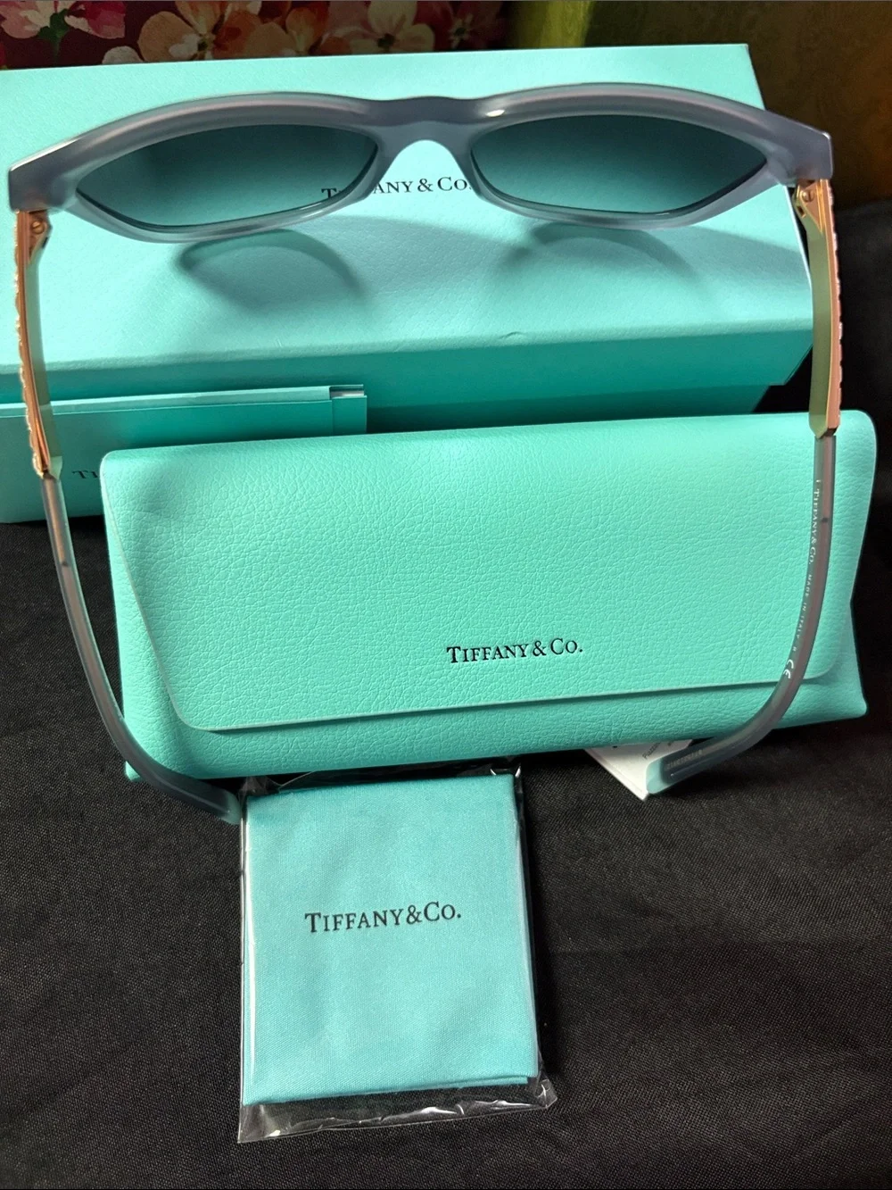 NEW Full Set! Tiffany & Co Sunglasses TF4174. Opal Gray Gold Crystals  54mm